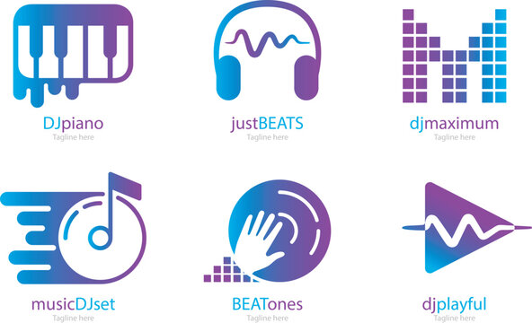 Modern electro festival identity emblems collection showing double note design graphic elements vector