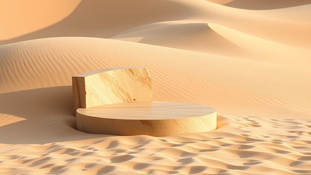 Pedestal crafted from polished light wood stands elegantly amidst the rolling golden sand dunes under the soft afternoon sun.