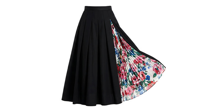 Black midi skirt featuring a dramatic side pleat with vibrant floral patterns on white background