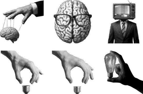 Halftone illustration of hands and head with brain and television  control and media concept