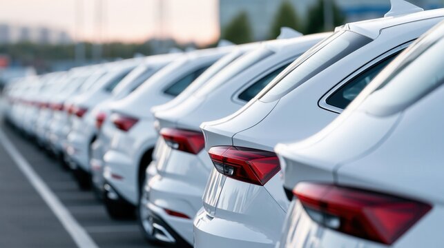 A long line of white modern cars parked outdoors in a row