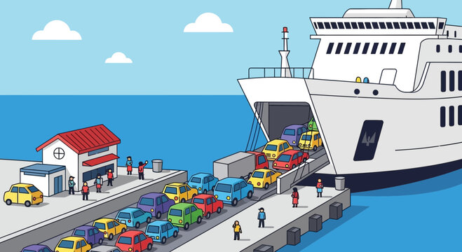Ferryboat loading cars, passengers and cargo at a busy harbor dock