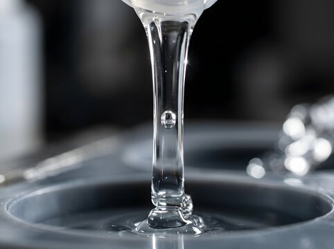 Macro close up of clear liquid epoxy resin pouring into silicone jewelry mold with small bubble
