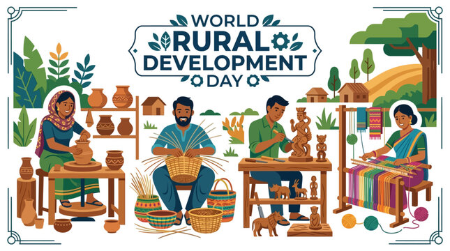 Celebrating World Rural Development Day with artisans crafting pottery, weaving textiles, and carving wood in a vibrant