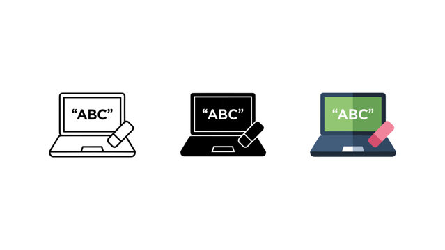 Laptop computer with text removal icon set computer education correction illustration collection isolated