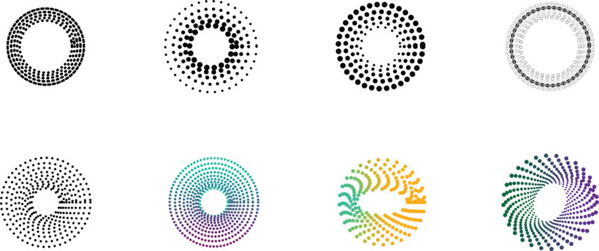 Abstract halftone circle vector set, 8 geometric radial dot patterns and spiral frames, black and colorful gradient circular design elements for modern branding and tech backgrounds
