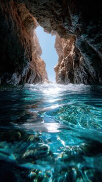Capturing sunlight reflecting on water between rocky cliffs in a coastal area Generative AI