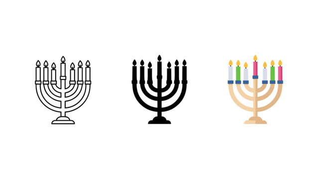Collection of menorah icons for religious holidays with hanukkah candelabra religion tradition celebration chanukah