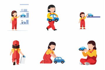 Fototapeta premium Flat vector illustration set of a little girl in red overalls playing with blue toy cars in various poses