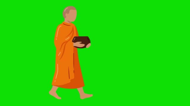 A monk walks while holding a bowl in a peaceful outdoor setting