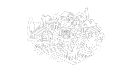 Fototapeta premium Charming Village Scene: Homes, Well, Gardens, and Farmer Illustration