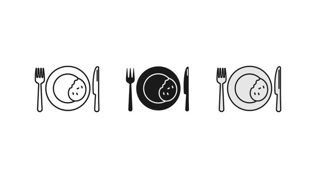 Plate with fork and knife icons set restaurant tableware kitchenware utensils silverware illustration silhouette