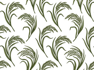 Fototapeta premium Seamless pattern of green rice plants with slender leaves and stalks on a white background for textile design
