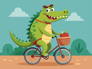 Fototapeta premium happy-crocodile-riding-a-tiny-bicycle-with-a-baske.svg