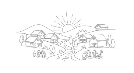 Naklejka premium Rural Village Landscape with River, Sun, and People Gathering