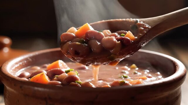 Steaming bowl of bean stew with vegetables.