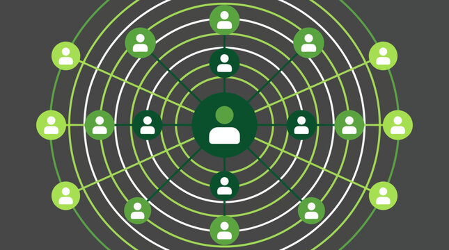 Green human icons connected in a circular social network graph diagram