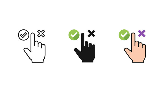 Hand choosing correct checkmark versus wrong icon set with selection decision approved rejected validation feedback