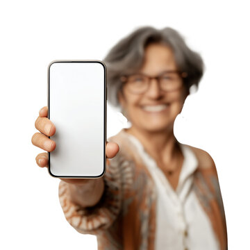 Mature caucasian woman holding smartphone with white blank screen for mock up, isolated on white background
