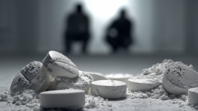 Crushed Pills and Powder With Shadowed Figures for International Day Against Drug Abuse Awareness