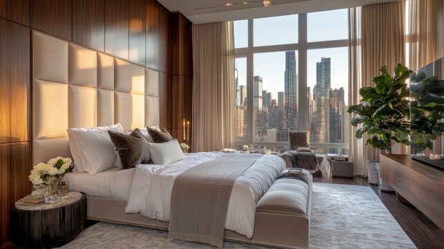 Luxury master suite, oversized upholstered bed, walnut paneling, city skyline backdrop generative ai