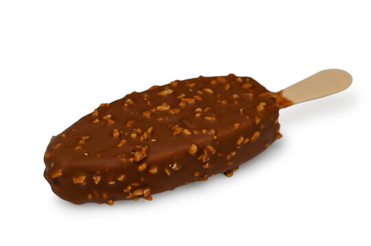 Vanilla Ice Cream Bar with Milk Chocolate and Crushed Nuts on a Wooden Stick
