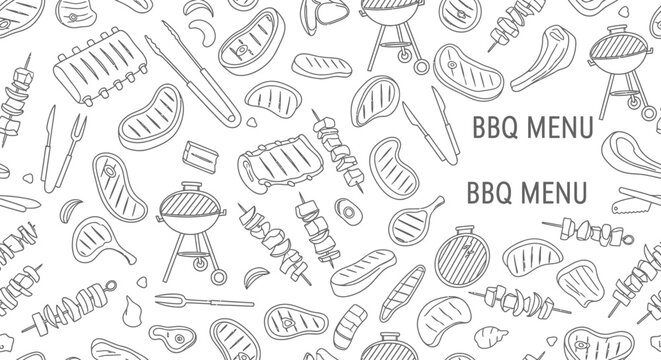 Hand drawn doodle BBQ menu seamless pattern with grilled meat and tools.