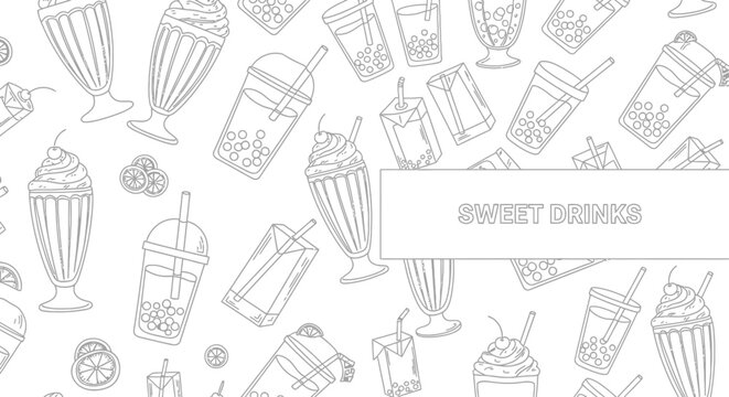 Hand drawn doodle pattern of assorted sweet drinks and milkshakes.