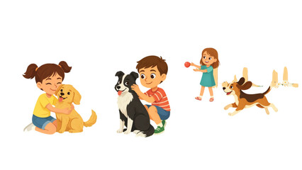 Fototapeta premium Four cartoon characters sitting and relaxing together in a playful outdoor setting with a dog Vector