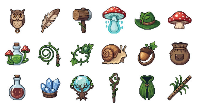 This vector collection features eighteen nature-themed fantasy RPG icons in pixel art style, showcasing magical forest items, potions, and gear.