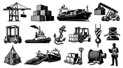 Obraz premium Black and White Vector Icons of Maritime Logistics and Shipping Industry