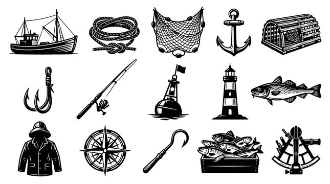 Nautical Vector Icons: Fishing Boat, Anchor, Net, Compass, Lighthouse, Fish, Gear