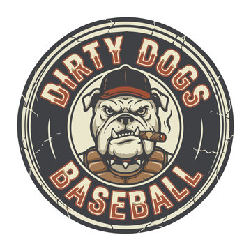 Vintage style baseball logo featuring an aggressive bulldog mascot in catcher's gear, smoking a cigar, with 'Dirty Dogs Baseball' text.