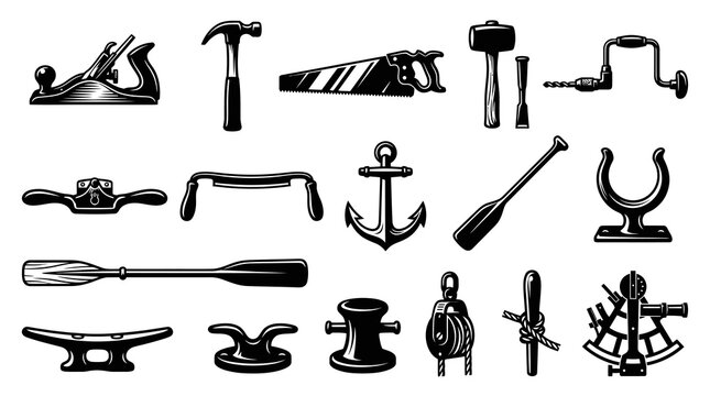 Nautical  Woodworking Tools Icons: Anchor, Oar, Saw, Hammer, Drill, Cleats