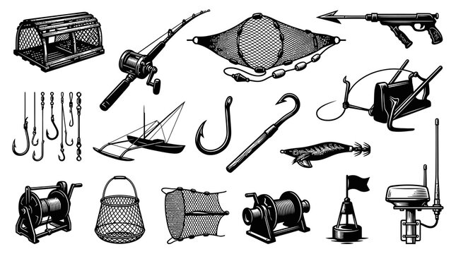 Vintage Fishing Gear - Line Art Vector Illustration for Nautical Sports