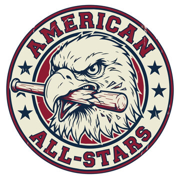 Vintage style American All-Stars logo featuring a fierce bald eagle holding a baseball bat in its beak, surrounded by stars.