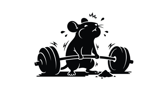 Funny weightlifting mouse vector illustration, strong cartoon rodent lifting heavy barbell, gym and fitness mascot silhouette on white background