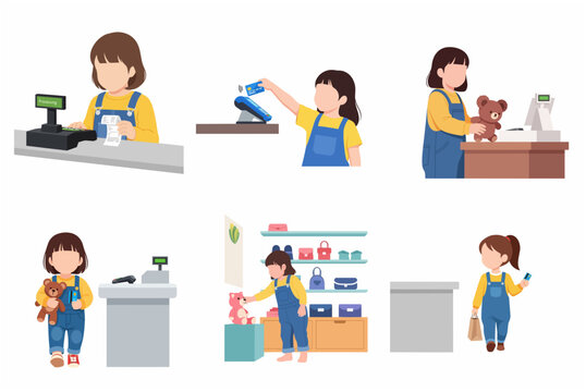 Little girl roleplaying as cashier and customer in a toy store vector illustration set