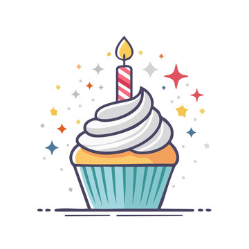 Birthday Cupcake with Candle Flat Vector Illustration