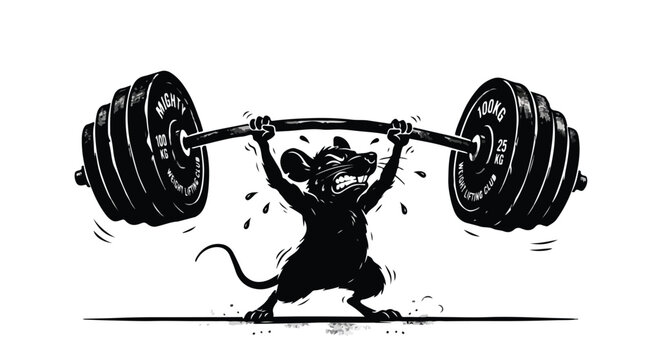 Strong mouse weightlifter lifting heavy barbell, black and white gym mascot vector, muscular rodent powerlifting 100kg weights, fitness motivation illustration