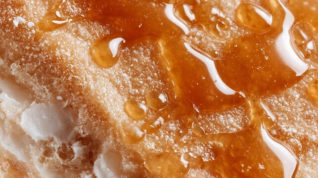 Macro view of golden maple syrup drizzled on crispy brown waffles.