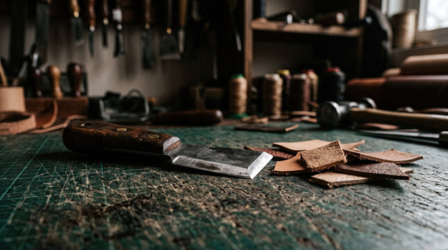 Leather Crafting Knife and Offcuts on a Workbench in a Leatherworker Studio
