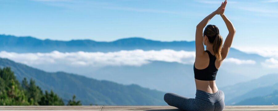 Yoga meditation woman in nature finding peace and serenity on a mountain at sunrise