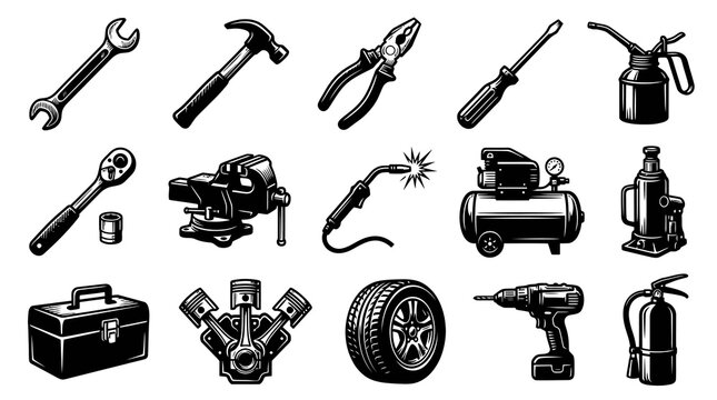 Automotive Mechanic Tools and Garage Equipment Black and White Line Art Icon Set