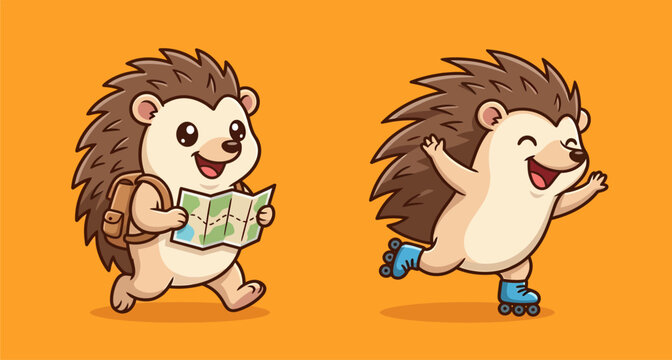 Cute Cartoon Hedgehog Characters Hiking with Map and Roller Skating