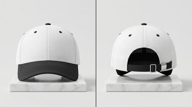 Mockup of a white baseball cap displayed on a stand showing both the front and back view with black accents and adjustable velcro strap.