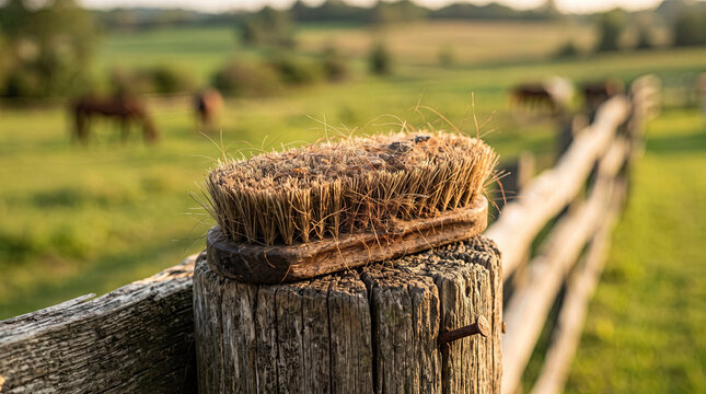 Worn Horse Grooming Brush Resting on a Wooden Fence Post in a Pasture at Sunset