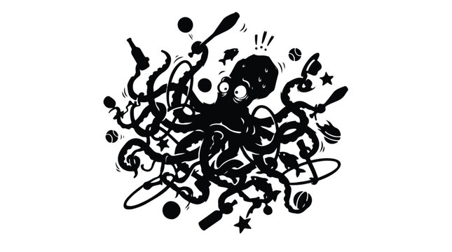 Vintage octopus juggling circus performer vector, hand drawn black ink kraken silhouette, multitasking sea creature juggling bottles and balls