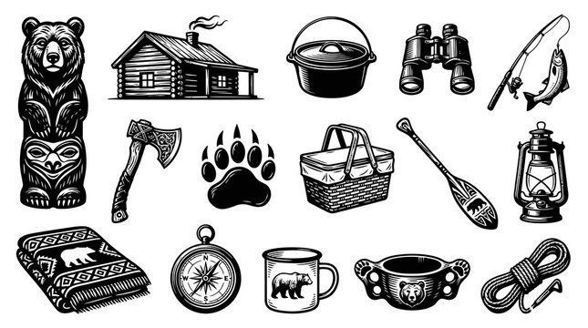 Black and White Engraved Style Camping  Outdoor Adventure Elements Set - Wilderness Gear Vector Icons