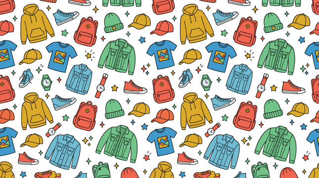 Colorful seamless pattern vector design with casual streetwear fashion clothes and accessories including hoodie denim jacket t-shirt backpack sneakers cap watch isolated on white 